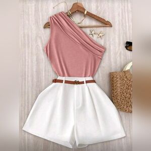 INAWLY Women's Casual Plain Ruched Camisole And Shorts 2 Pieces Set